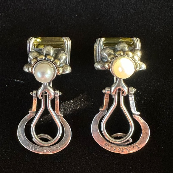 Lagos 18k Yellow Gold Sterling Silver Citrine 5mm Pearl Caviar Stud Earrings - Picture 3 of 7